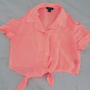 UK2LA Semi Sheer Collared Tie Waist Crop Top